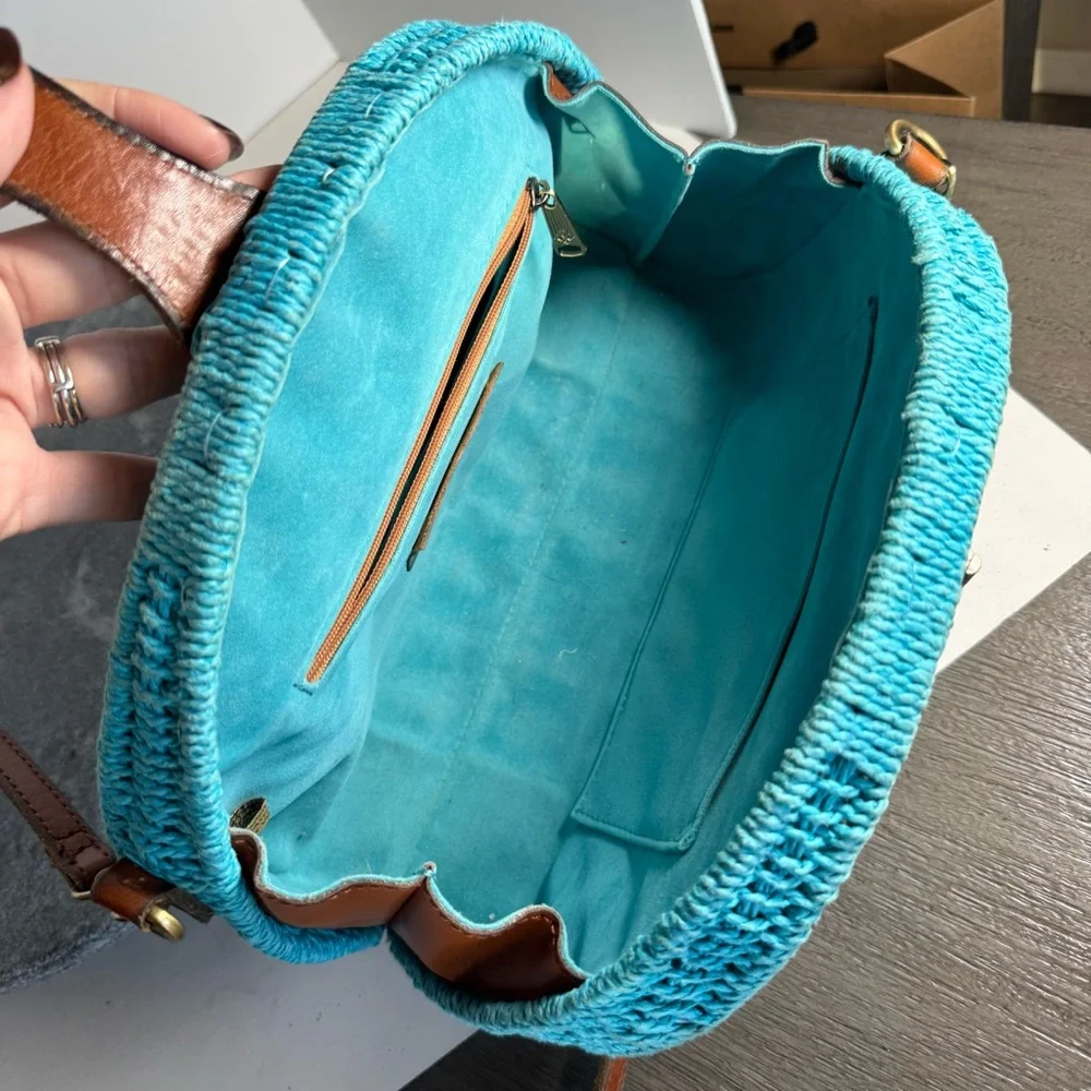 Patricia Nash Bonella Crossbody Wicker Blue Purse Bag Leather Strap